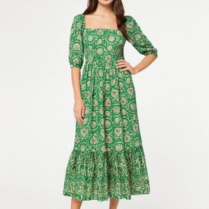 House of Harlow 1960 Kelly Green Floral Smocked Midi Dress Puff Sleeve Sz XS